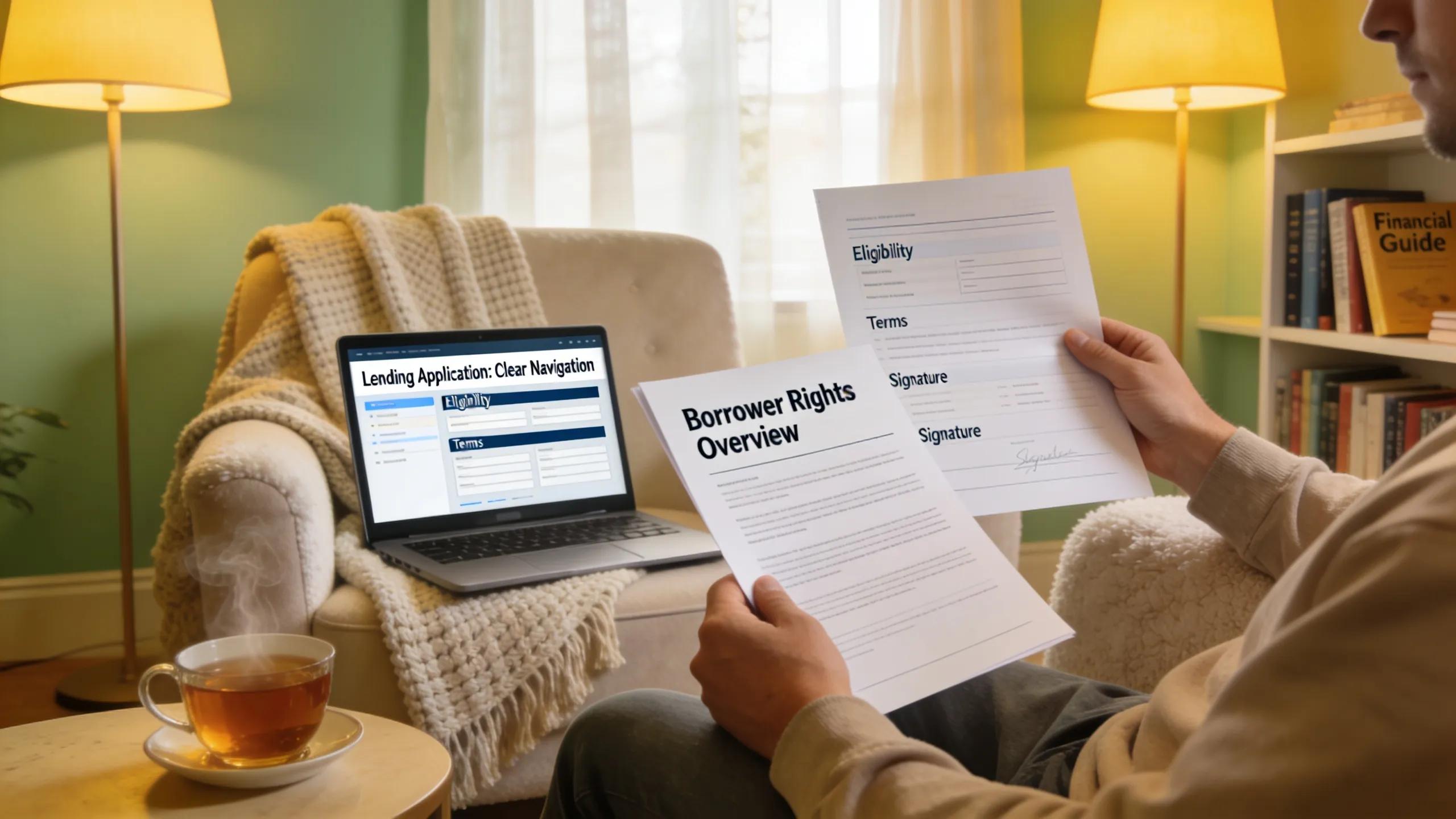 Individual in a cozy setting examining loan documents, representing borrower rights and protections.