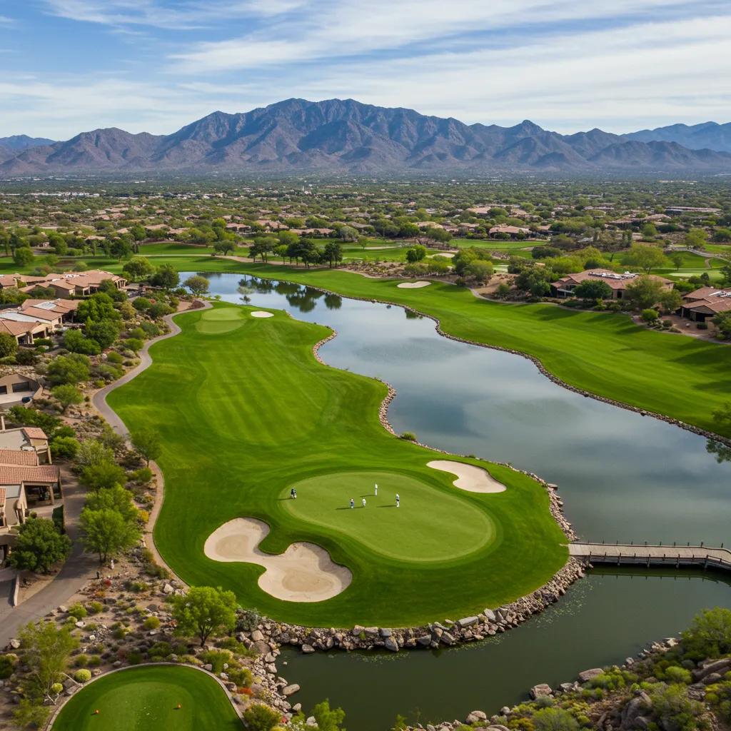 Aerial view of a golf course in Oro Valley, AZ, highlighting lush fairways and mountain backdrops