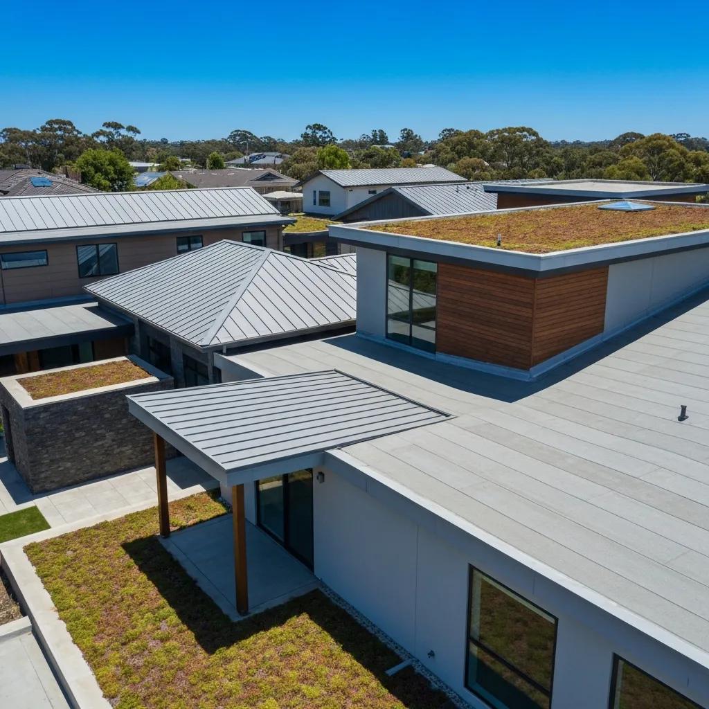 Aerial view of modern homes featuring contemporary roofing styles like flat and metal roofs