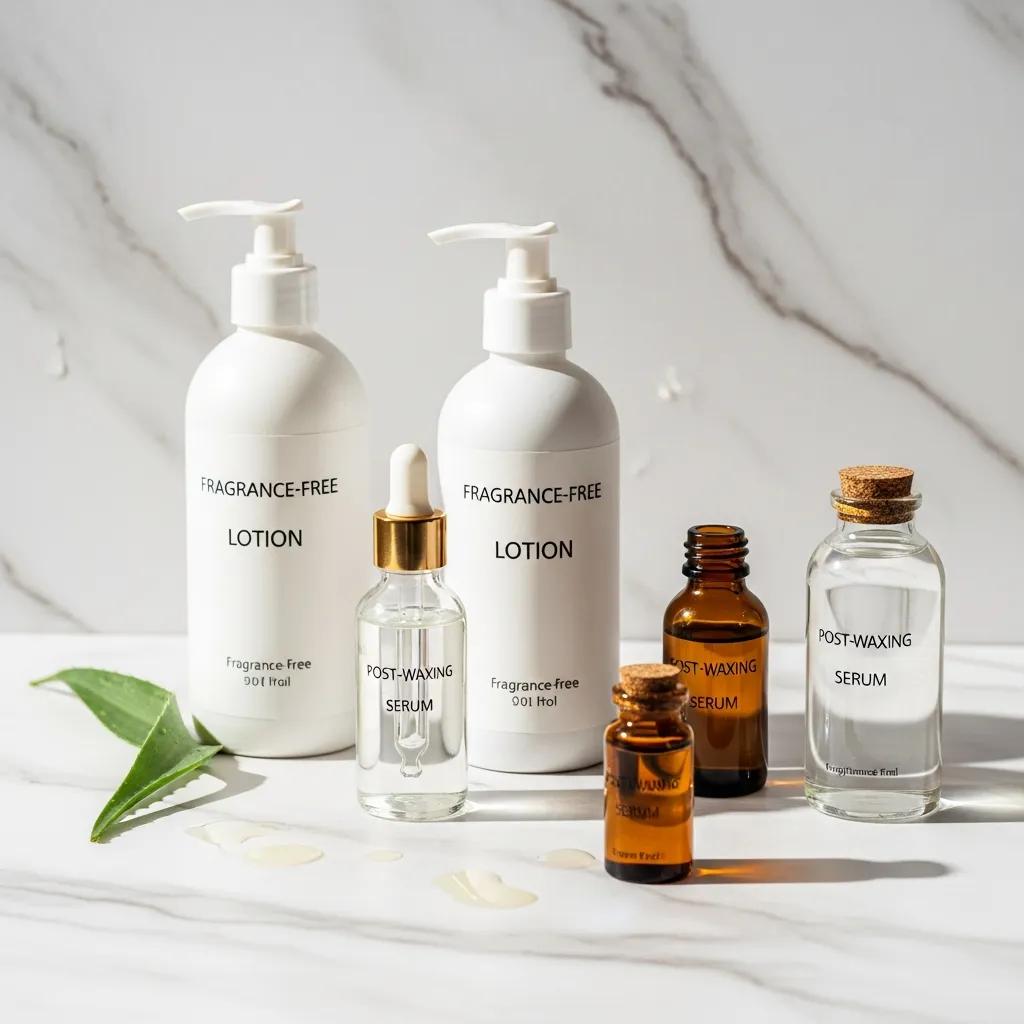 Carefully arranged post-wax skincare products for hydration and protection