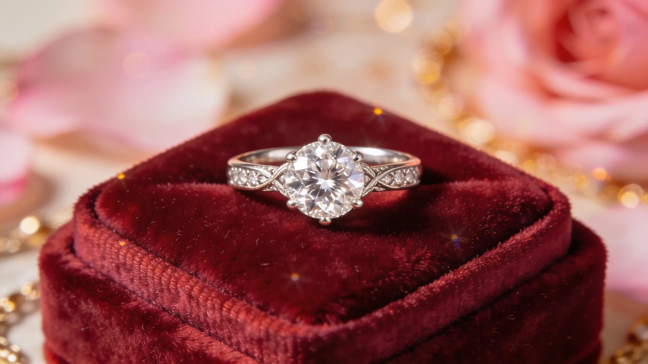 Luxurious diamond engagement ring on a velvet cushion, symbolizing commitment and love Luxurious diamond engagement ring on a velvet cushion, symbolizing commitment and love