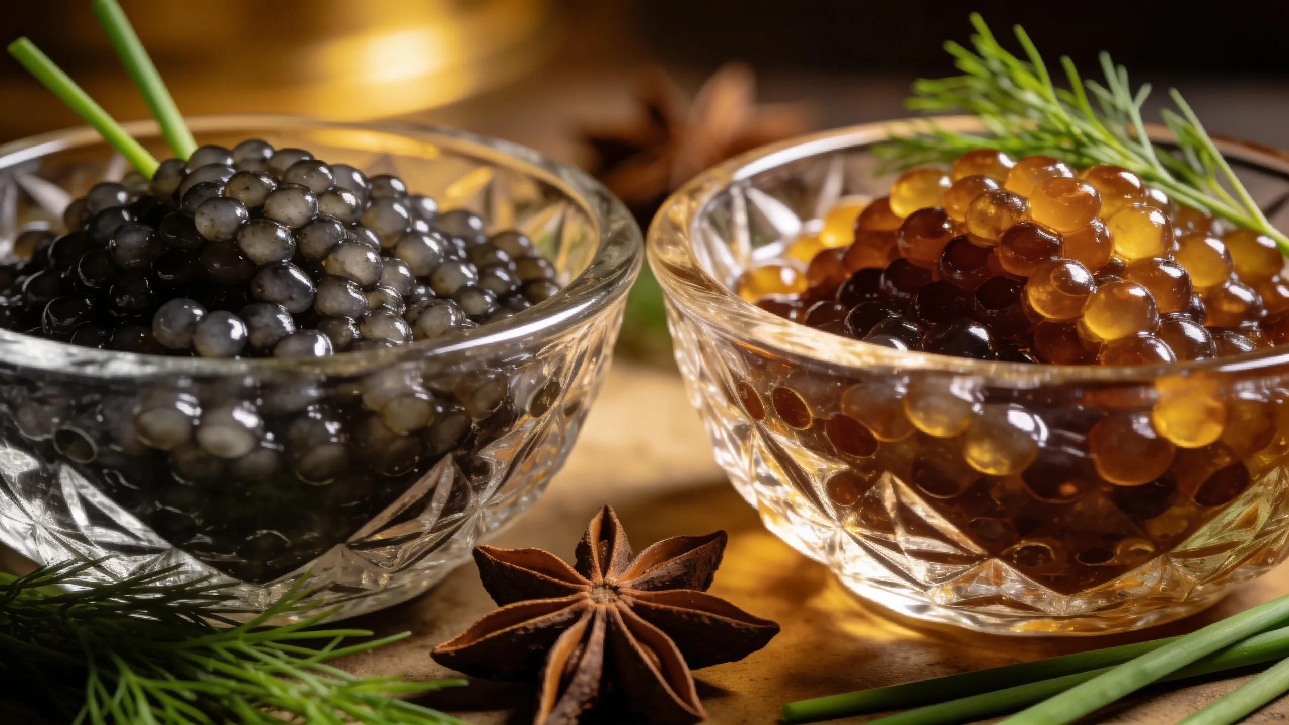 Close-up of Beluga and Osetra caviar in crystal bowls, highlighting texture and size differences for flavor distinction