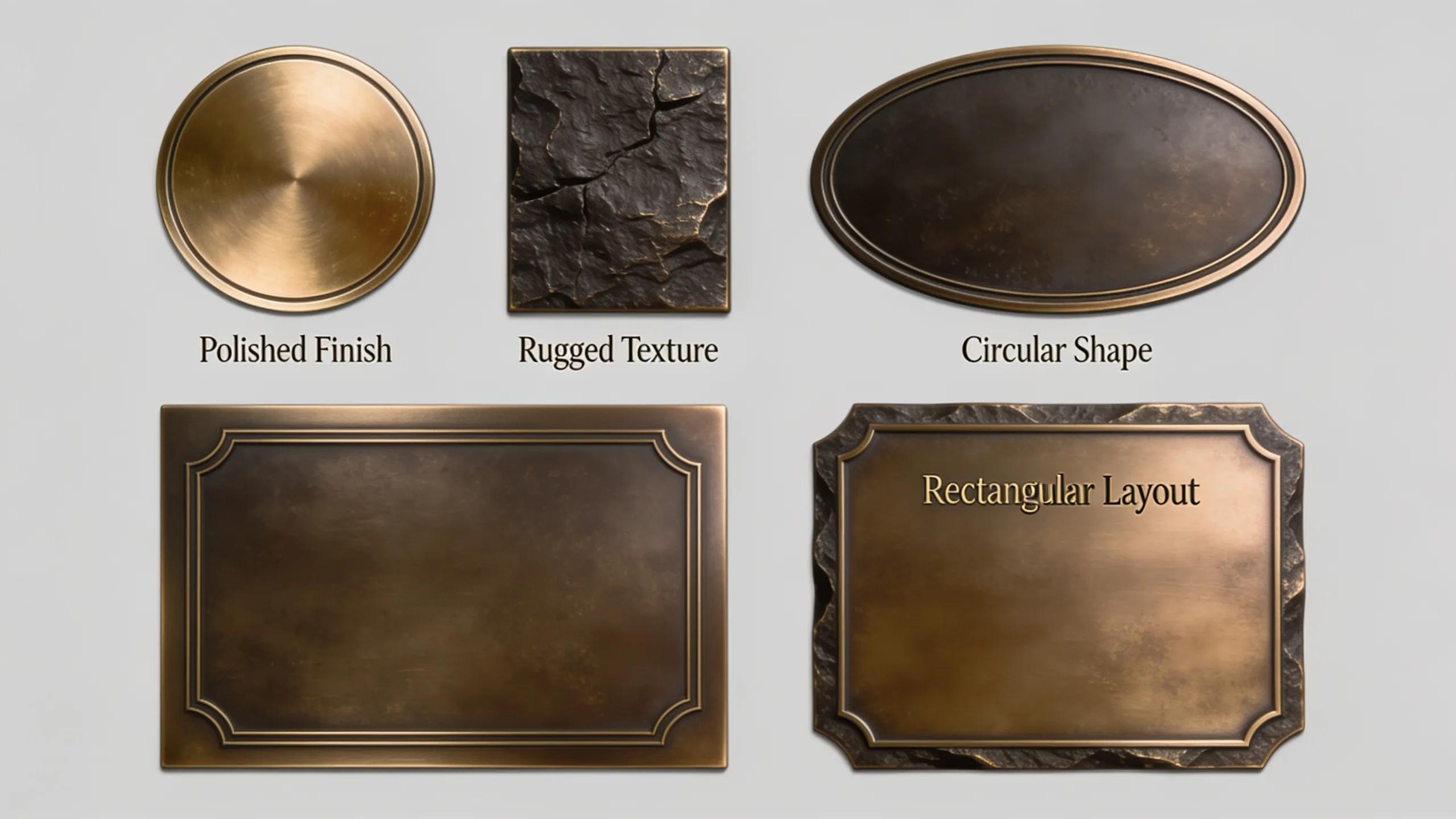Display of various bronze plaque design elements showcasing different shapes and finishes