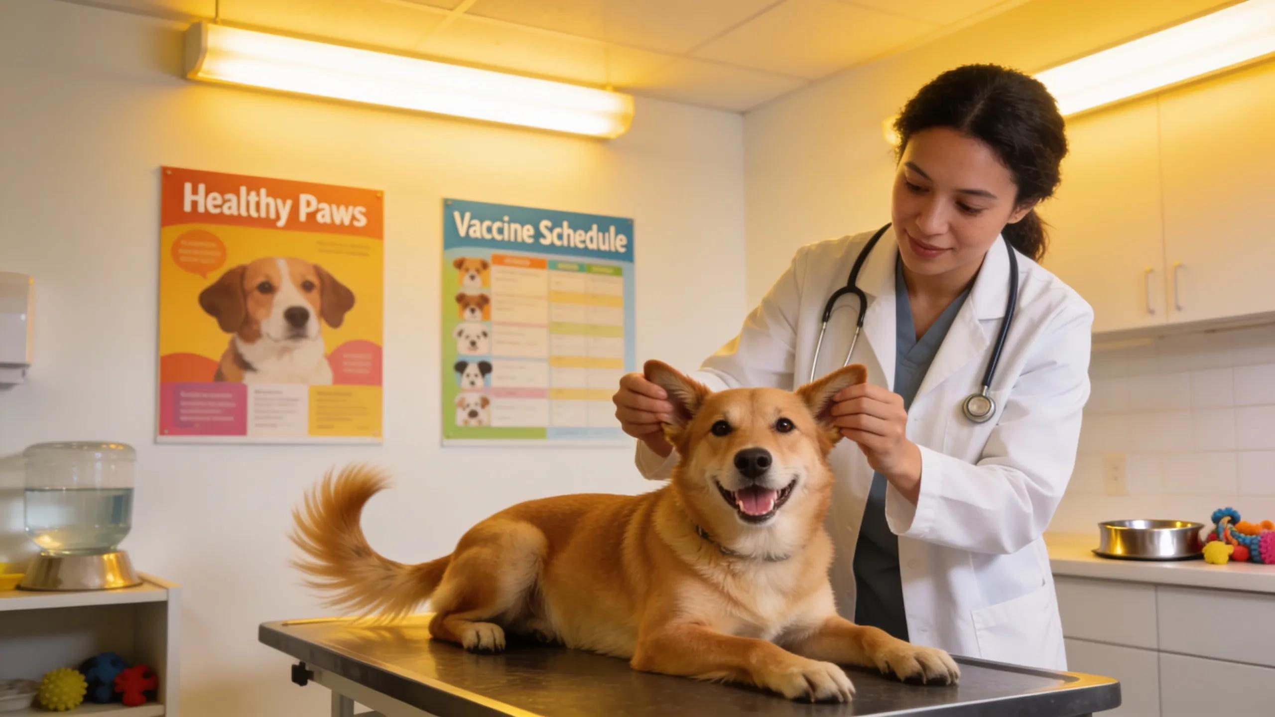 Veterinarian examining a happy dog in a bright clinic, highlighting pet wellness checkups