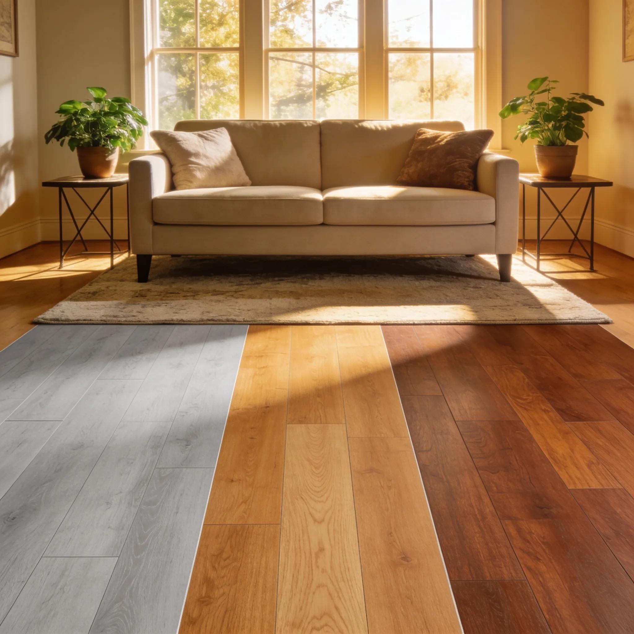 Cozy living room showing budget-friendly flooring options like vinyl and laminate.