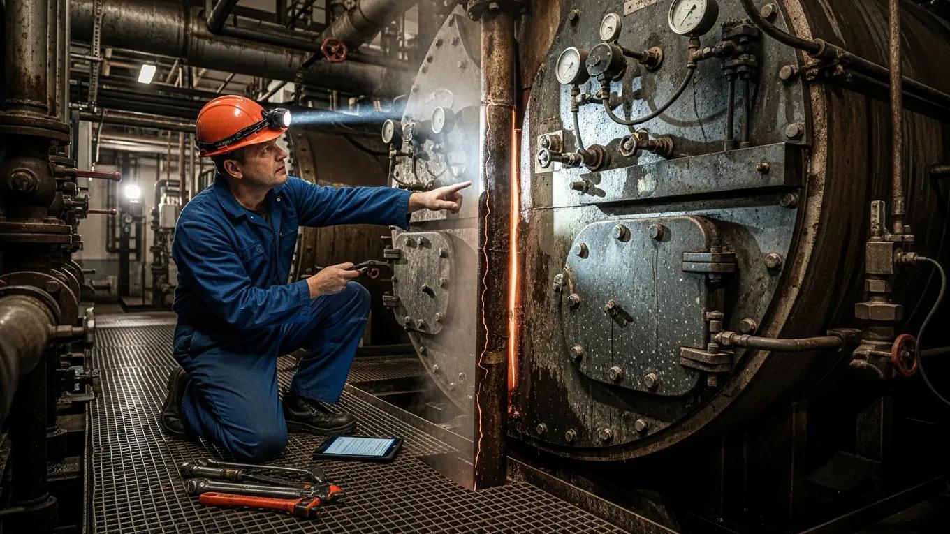 Commercial boiler being inspected by a technician, highlighting urgent repair needs