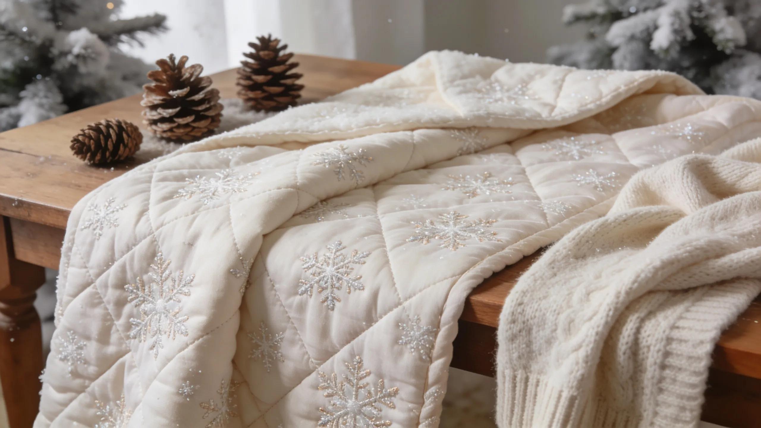 Cozy winter quilt with snowflake patterns on a wooden table surrounded by winter decor, reflecting warmth and creativity.