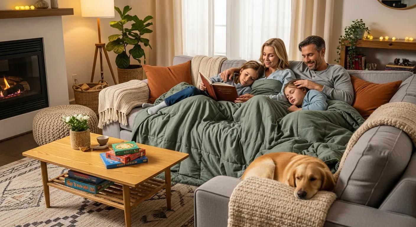Family enjoying an eco-friendly weighted blanket in a cosy living room