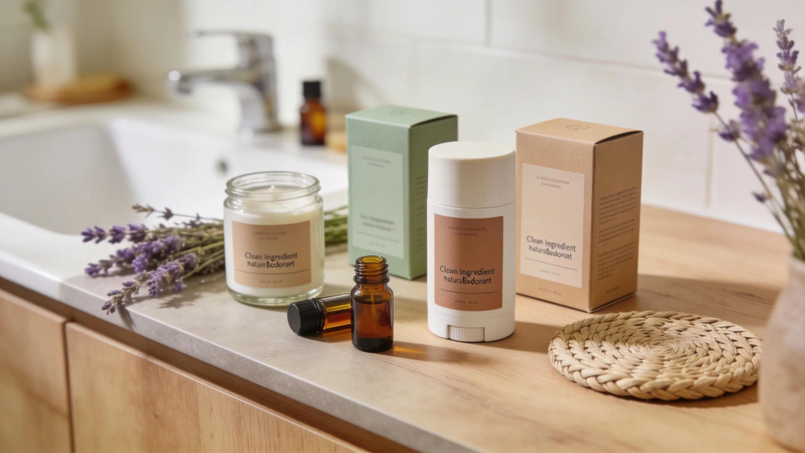Natural deodorant products on a countertop with essential oils and organic elements, promoting clean living and sustainability.