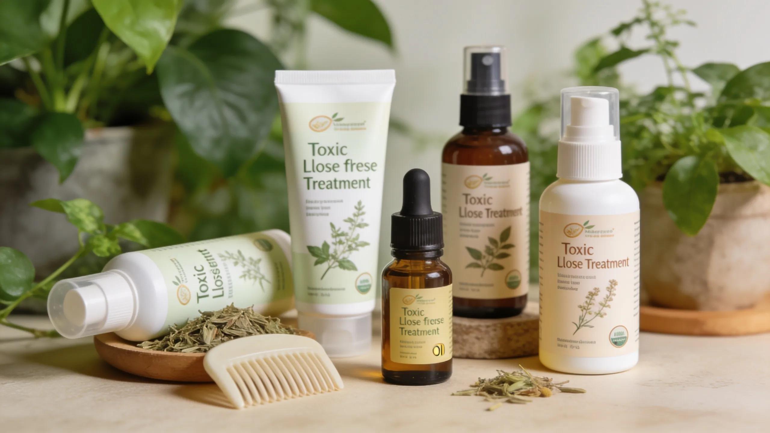 Selection of pesticide-free lice treatment products showcasing non-toxic ingredients for children's safety