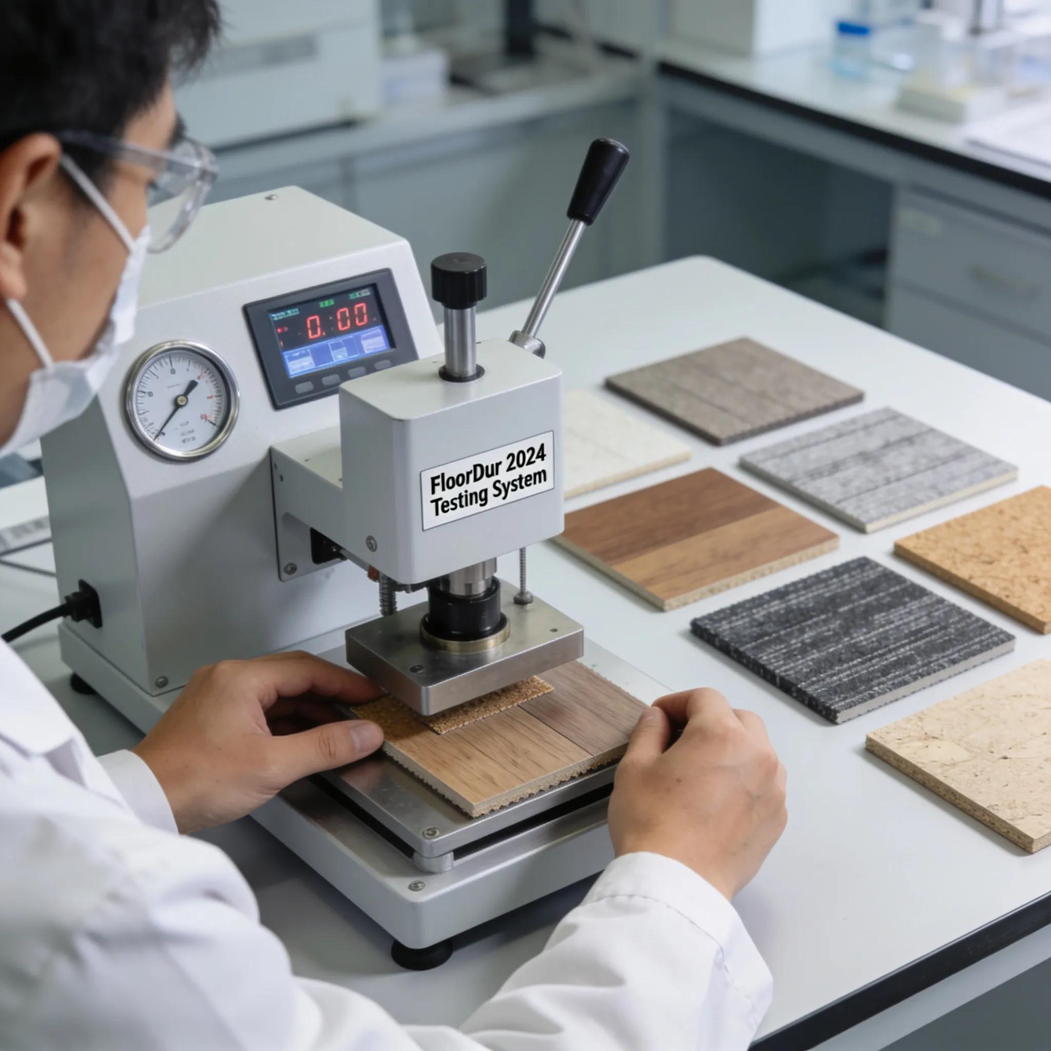 Technician performing flooring durability tests in a laboratory environment with testing machinery