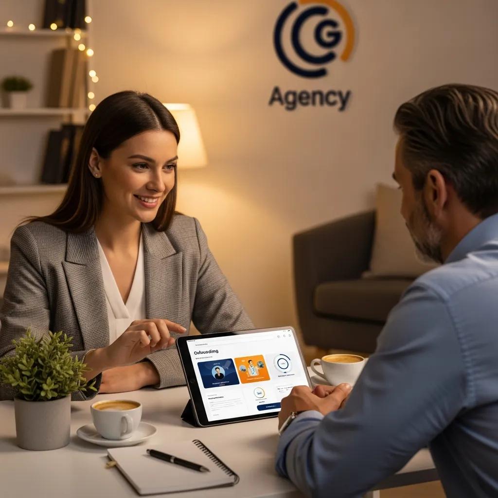 Agency representative guiding a new client through the onboarding process using digital tools