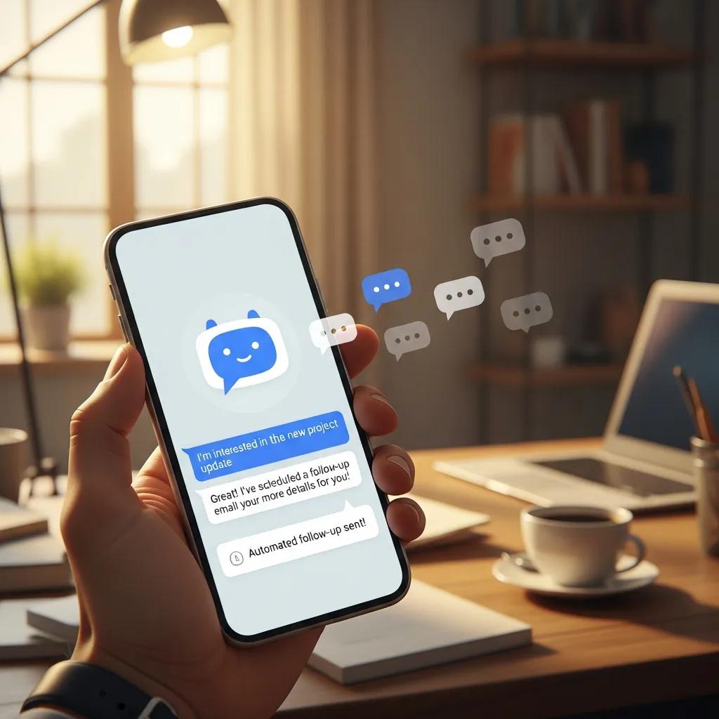 AI agent chatbot interface on smartphone in a cozy workspace