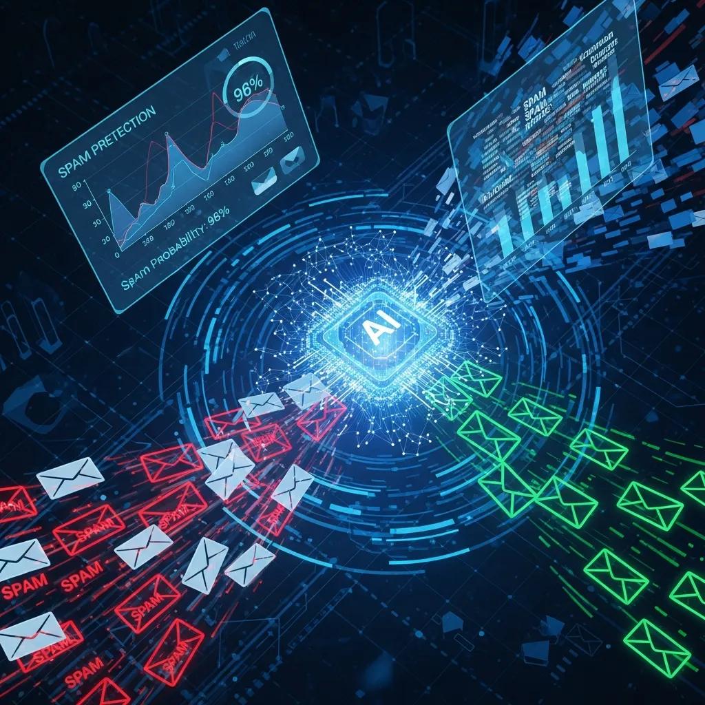 Illustration of AI analyzing email content for spam risk in a digital environment