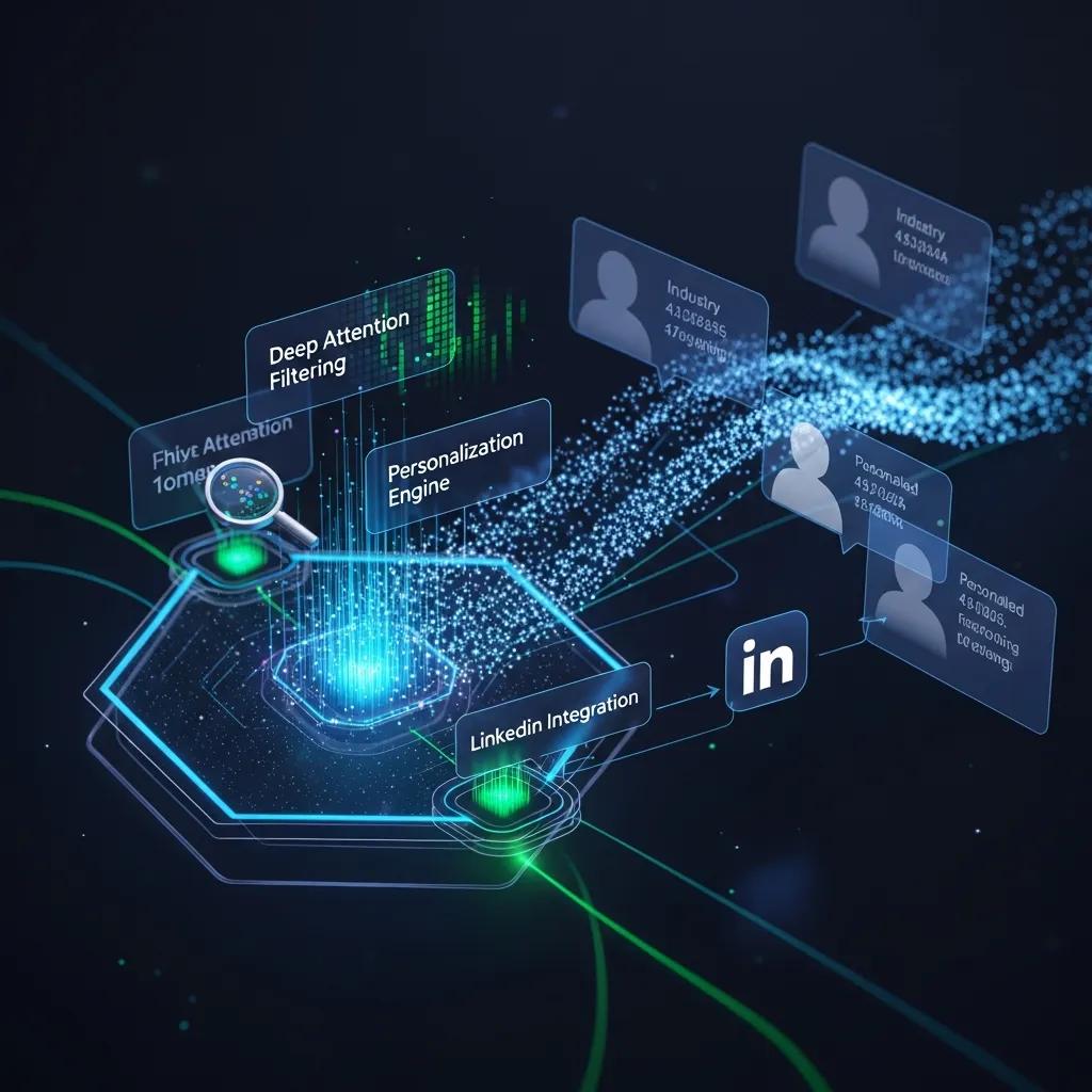 Diagram showing Nigel's AI lead-generation flow using deep attention filtering and personalised outreach