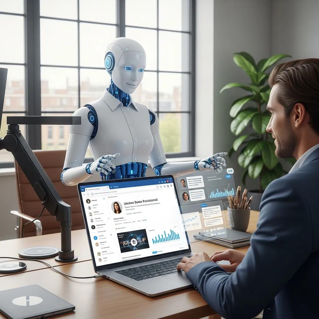 AI sales representative engaging with LinkedIn lead generation technology in a modern office
