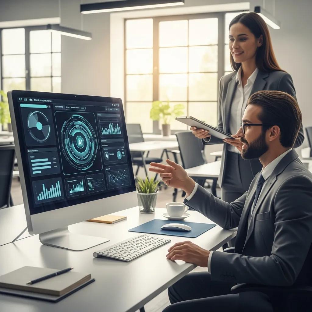 AI sales representative interacting with a human in a modern office setting AI sales representative interacting with a human in a modern office setting