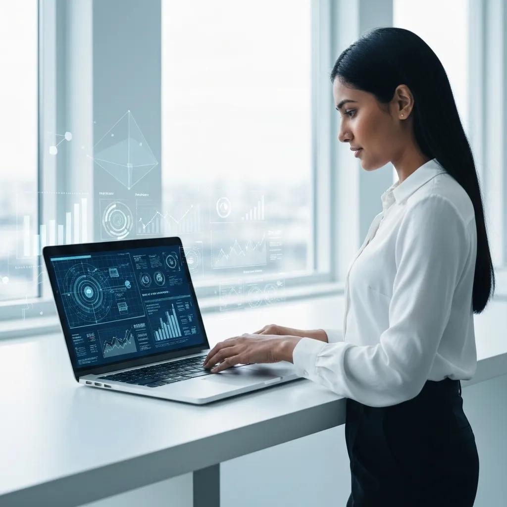 Illustration: AI search optimization in a modern office with digital overlays