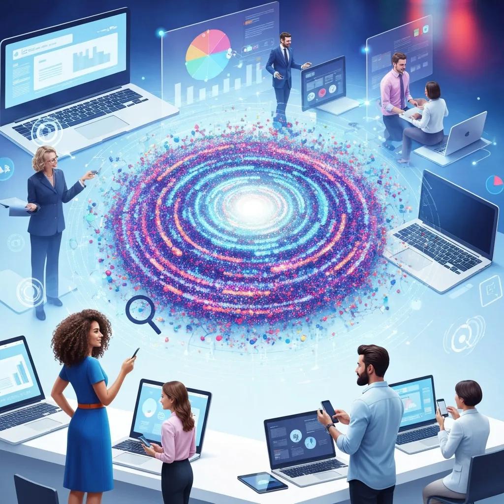 AI search services in a modern office setting with professionals collaborating over digital devices