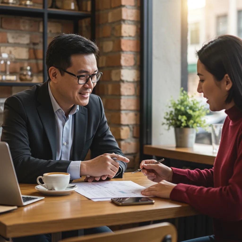 Angel investor mentoring a startup founder in a cozy café setting