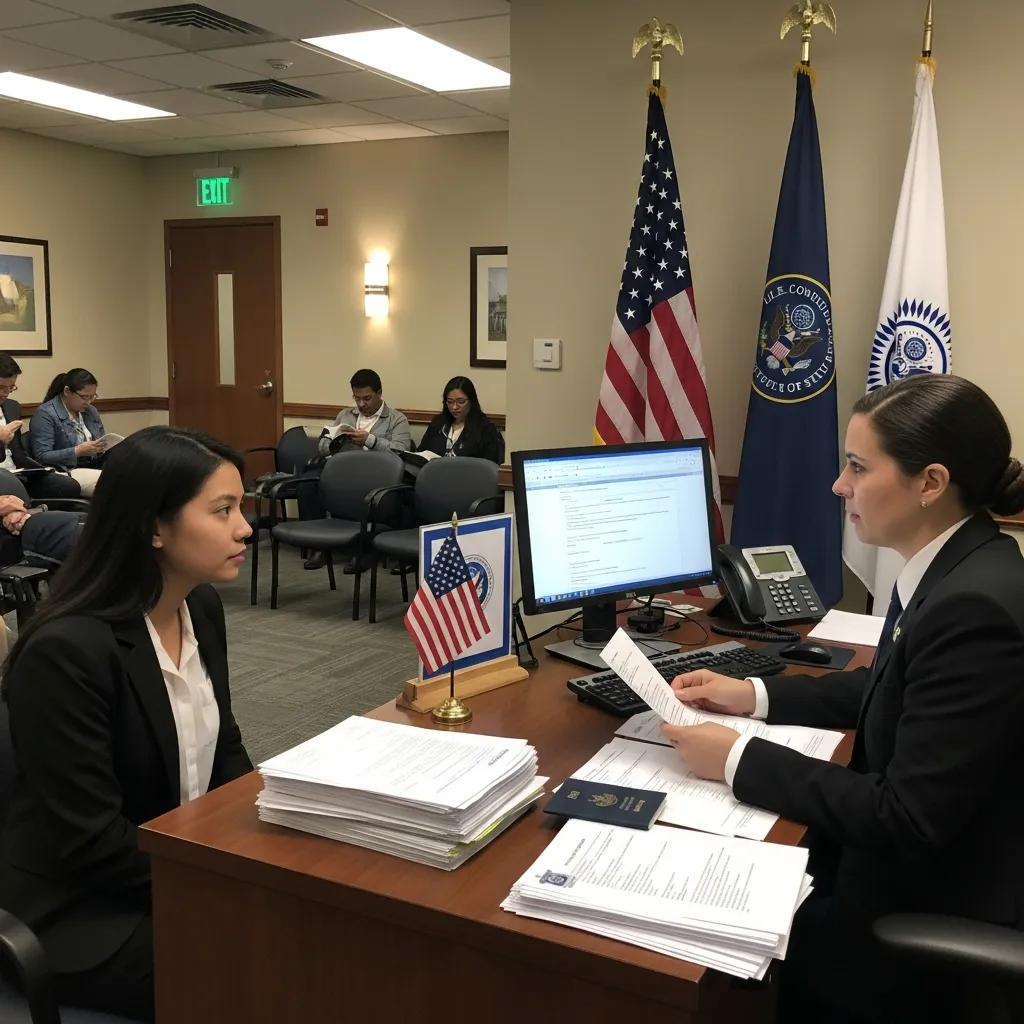 Applicant undergoing interview at a U.S. consulate for an immigrant visa Applicant undergoing interview at a U.S. consulate for an immigrant visa