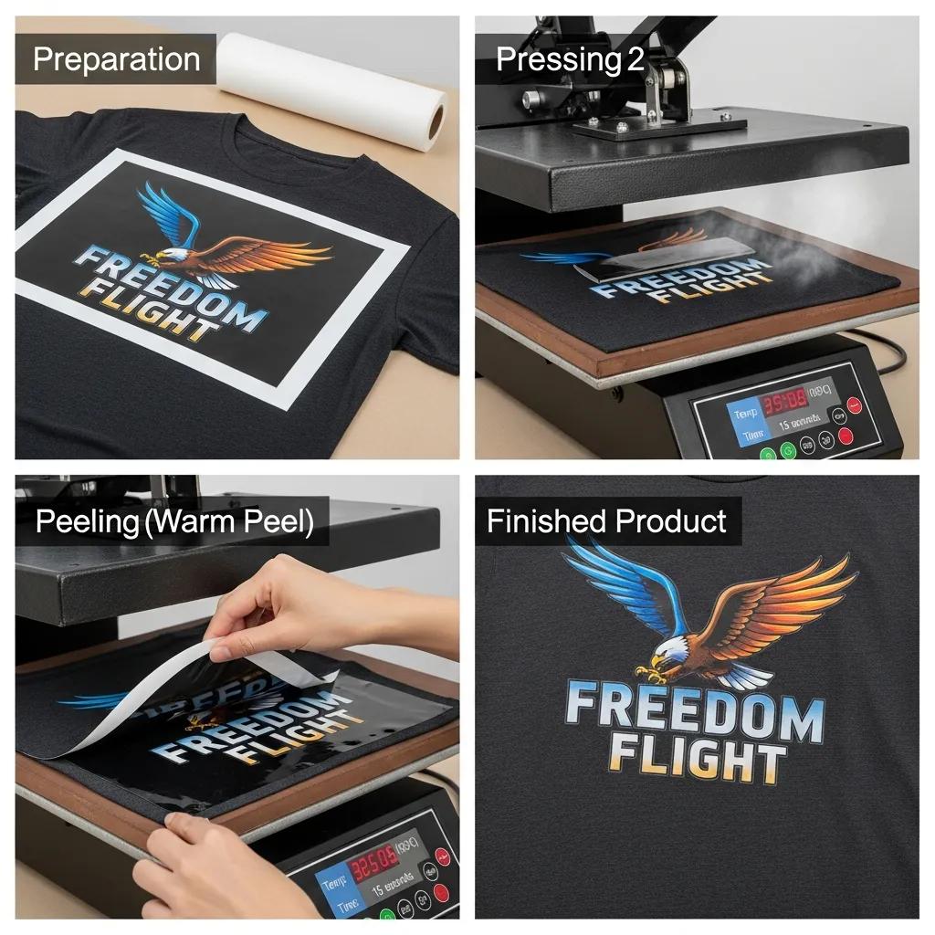 Applying DTF transfer to fabric using a heat press, showcasing the process