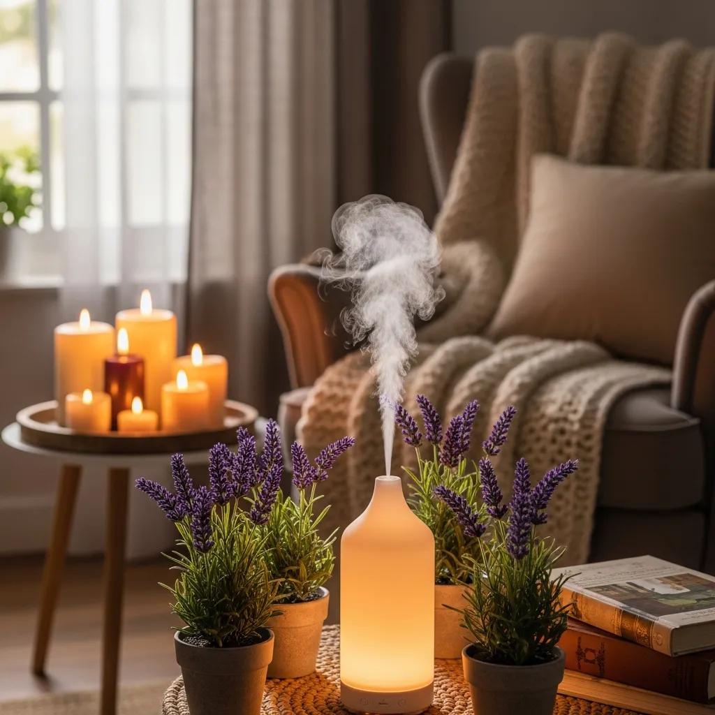 Aromatherapy setup with lavender diffuser and calming decor