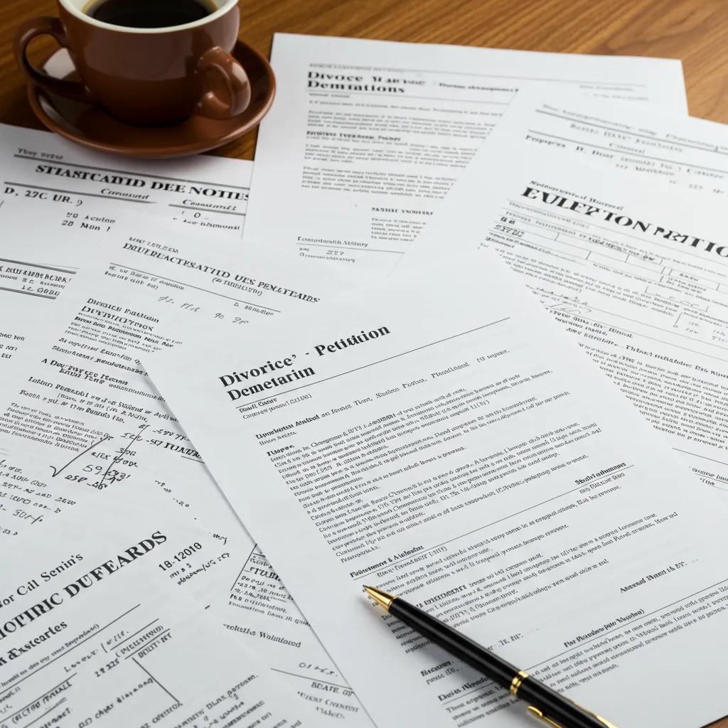Stack of legal documents including divorce petitions and eviction notices on a desk, illustrating process serving