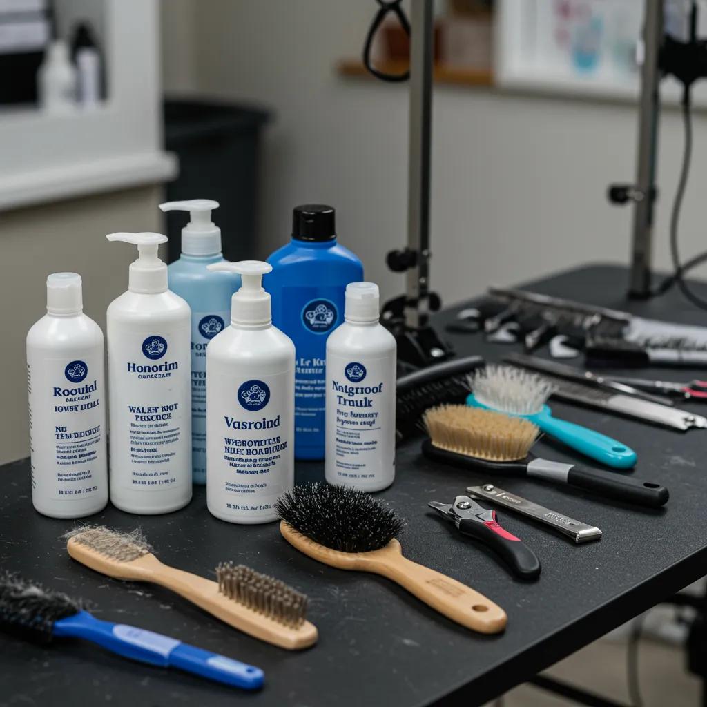 Array of professional grooming tools and products used in mobile pet grooming services
