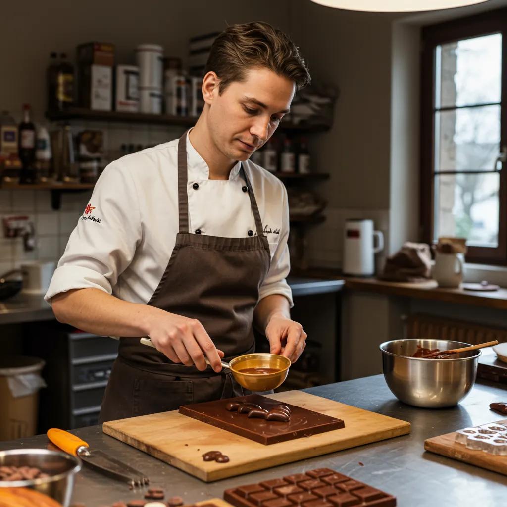 Artisan chocolatier tempering chocolate in a cozy workshop, showcasing craftsmanship and dedication