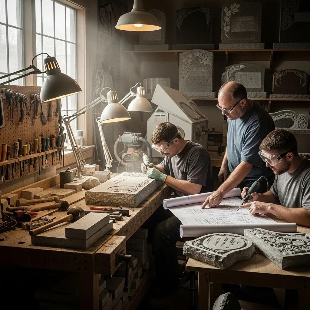 Stone carver hand-finishing a bespoke granite headstone in a workshop