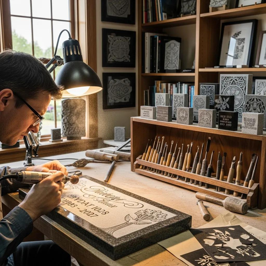 Artisan engraving a customized grave marker, highlighting the personalization process