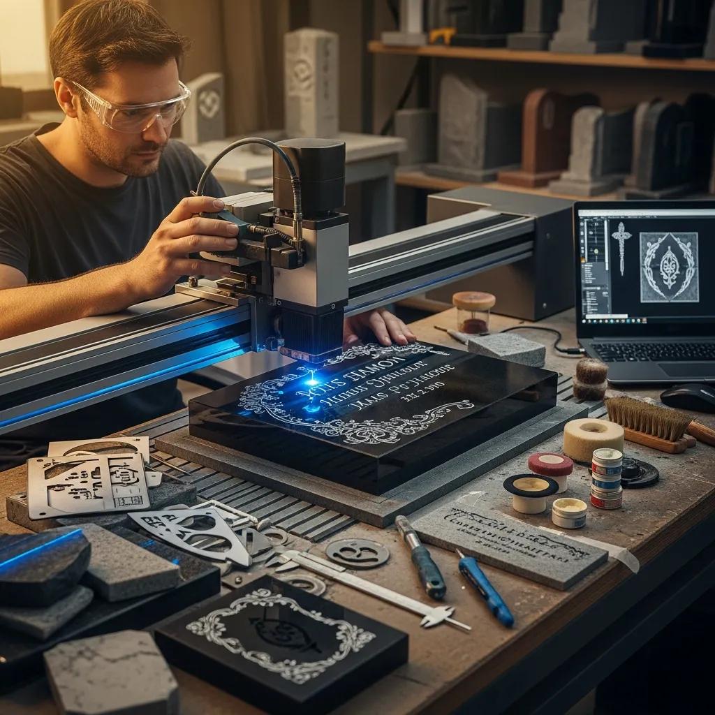 Craftsperson operating a laser engraving machine on a stone surface