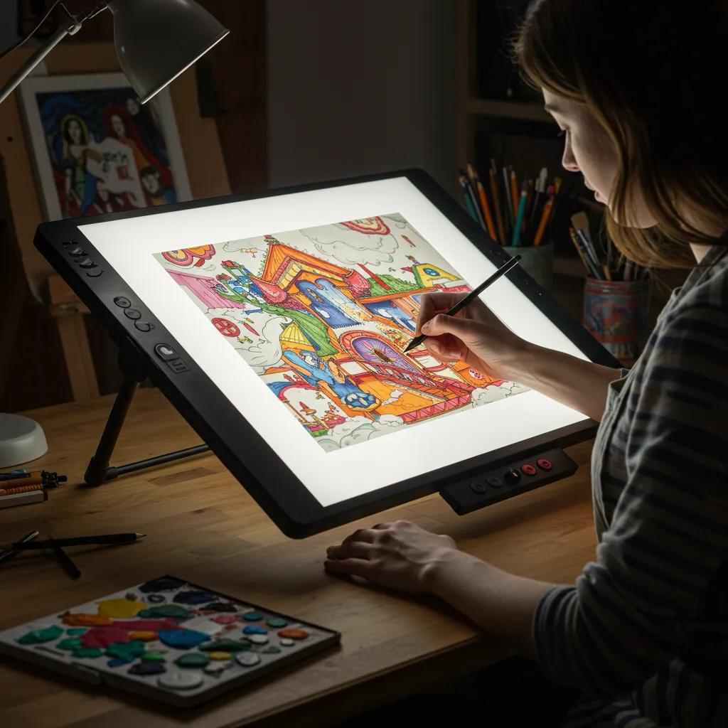 Artist using an illuminated drawing board in a studio, highlighting creative opportunities and artistic expression