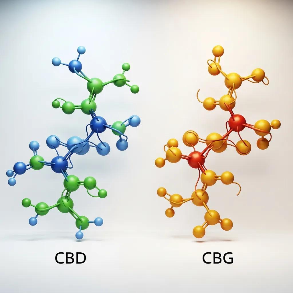 Artistic representation of CBD and CBG molecular structures, illustrating their chemical differences Artistic representation of CBD and CBG molecular structures, illustrating their chemical differences