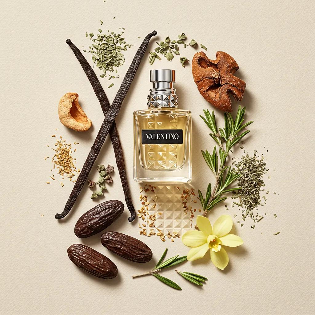Artistic representation of fragrance notes including vanilla pods and tonka beans, highlighting the essence of Valentino fragrances