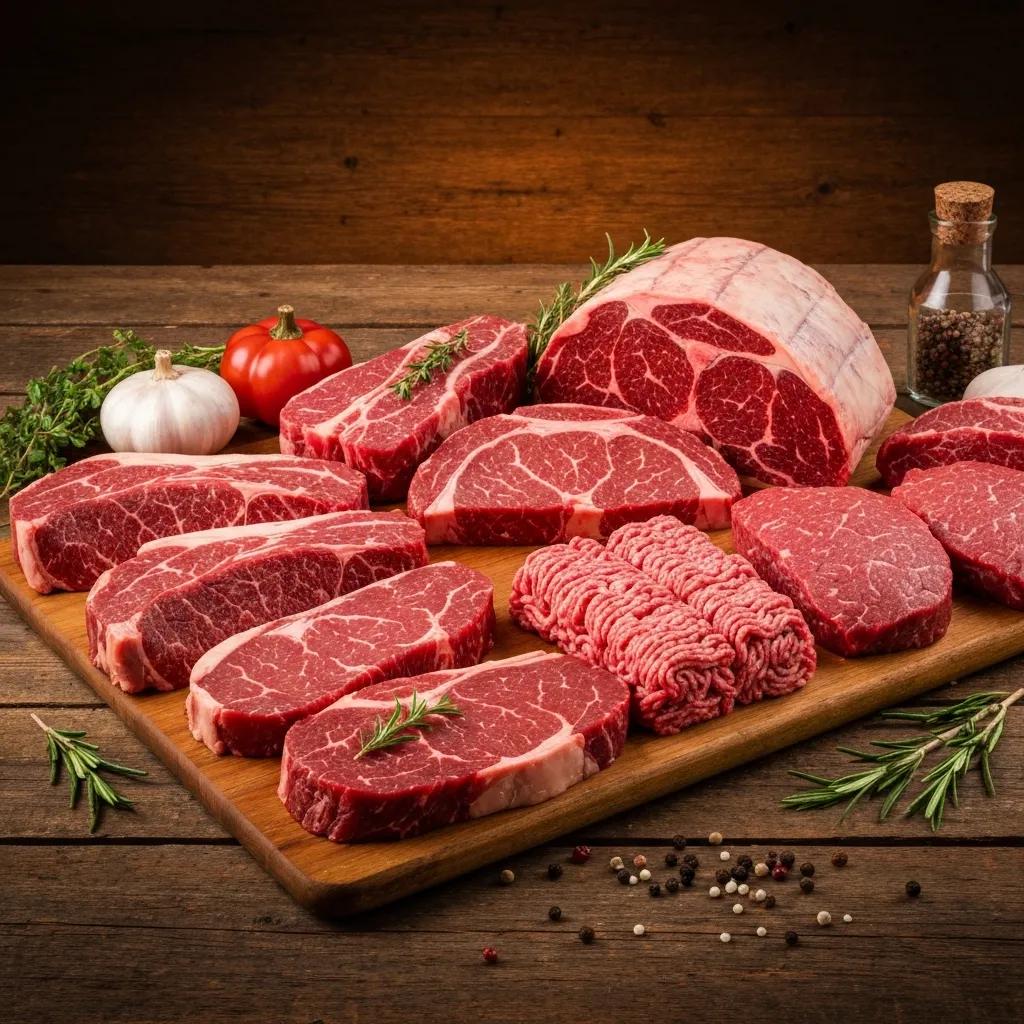 Assorted cuts of Corriente beef displayed on a rustic board with fresh herbs