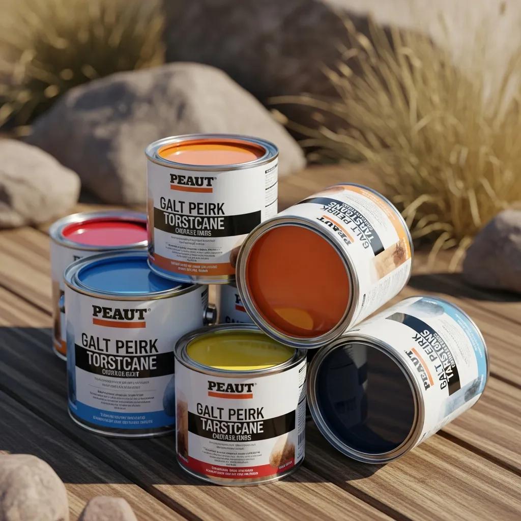 Assorted weather-resistant paint cans on a wooden surface, emphasizing features for high desert climates