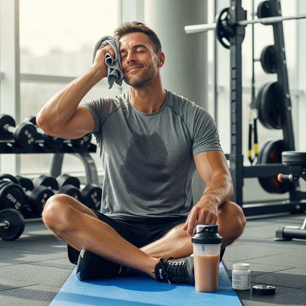 Athlete recovering after a workout with supplements and hydration