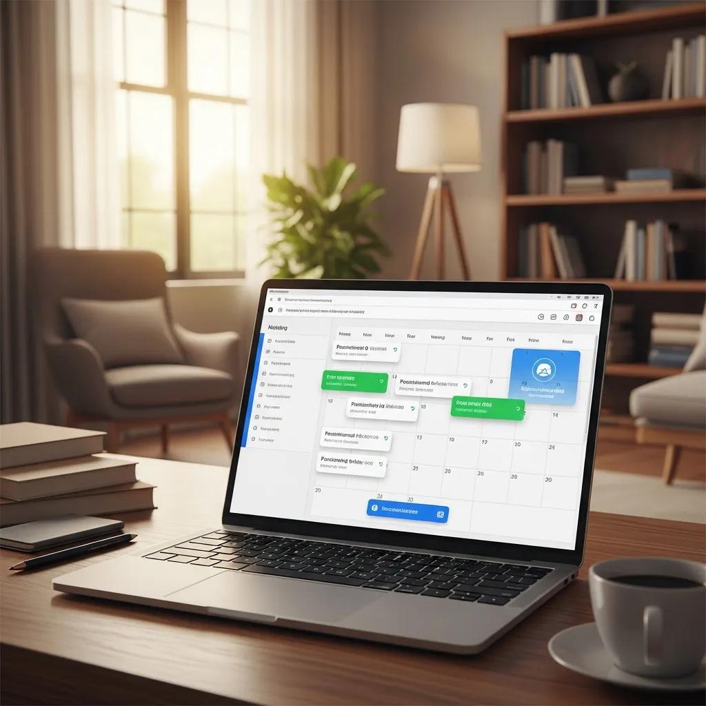 Automated meeting booking interface displayed on a laptop in a cozy home office setting