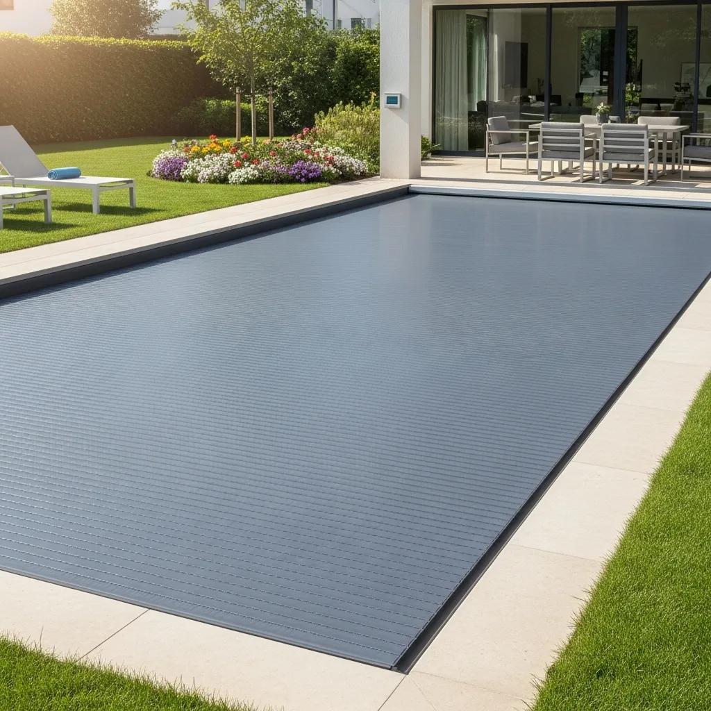 Automatic pool cover stretched across a backyard pool, showing safety and ease of use
