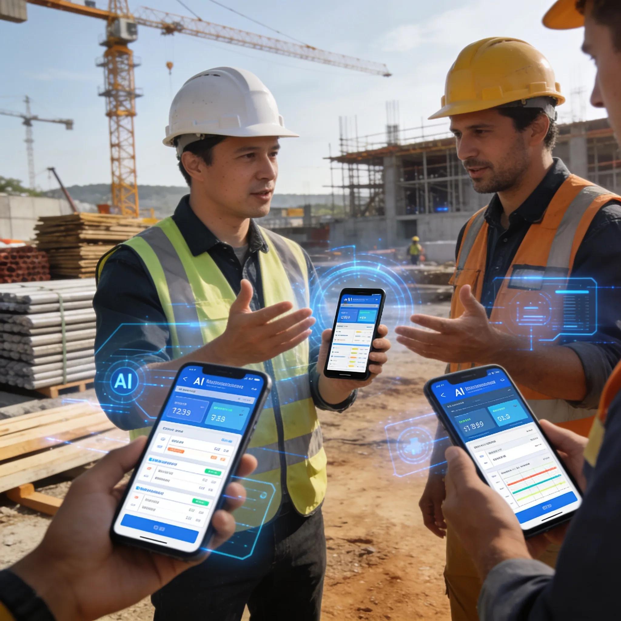 Contractor team managing project tasks with mobile devices in a construction environment