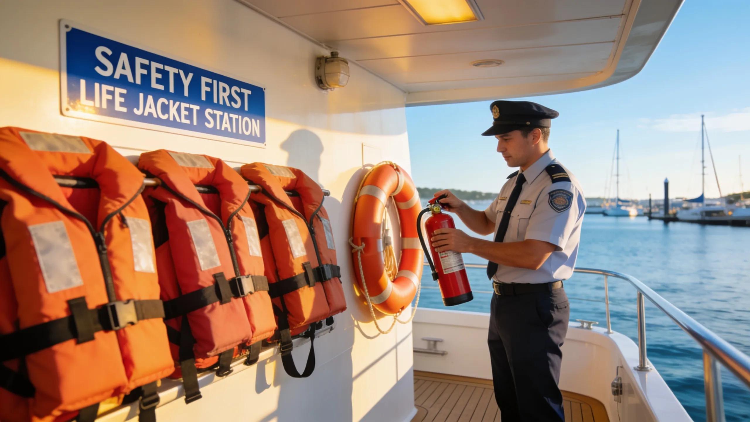 Safety measures and life jackets on a boat in New York Harbor