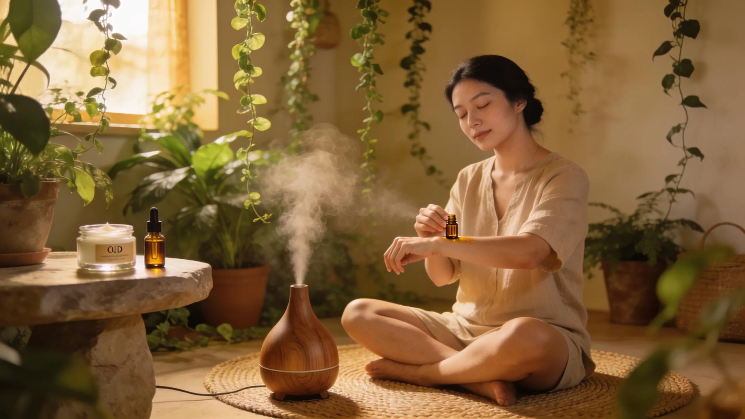 Person enjoying aromatherapy with oud oil and diffuser, surrounded by natural plants for relaxation