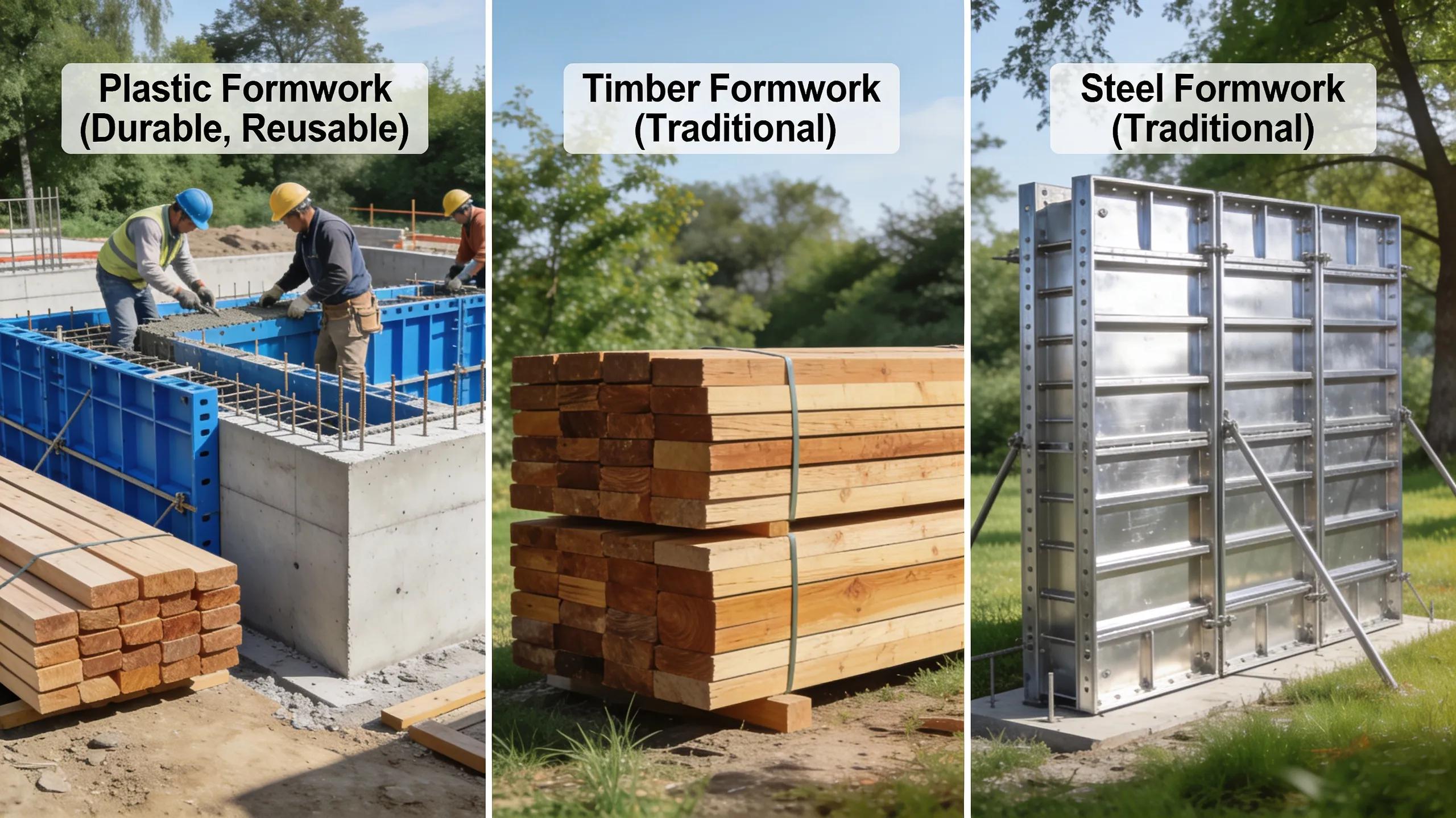 Comparison of plastic formwork with timber and steel materials on construction site