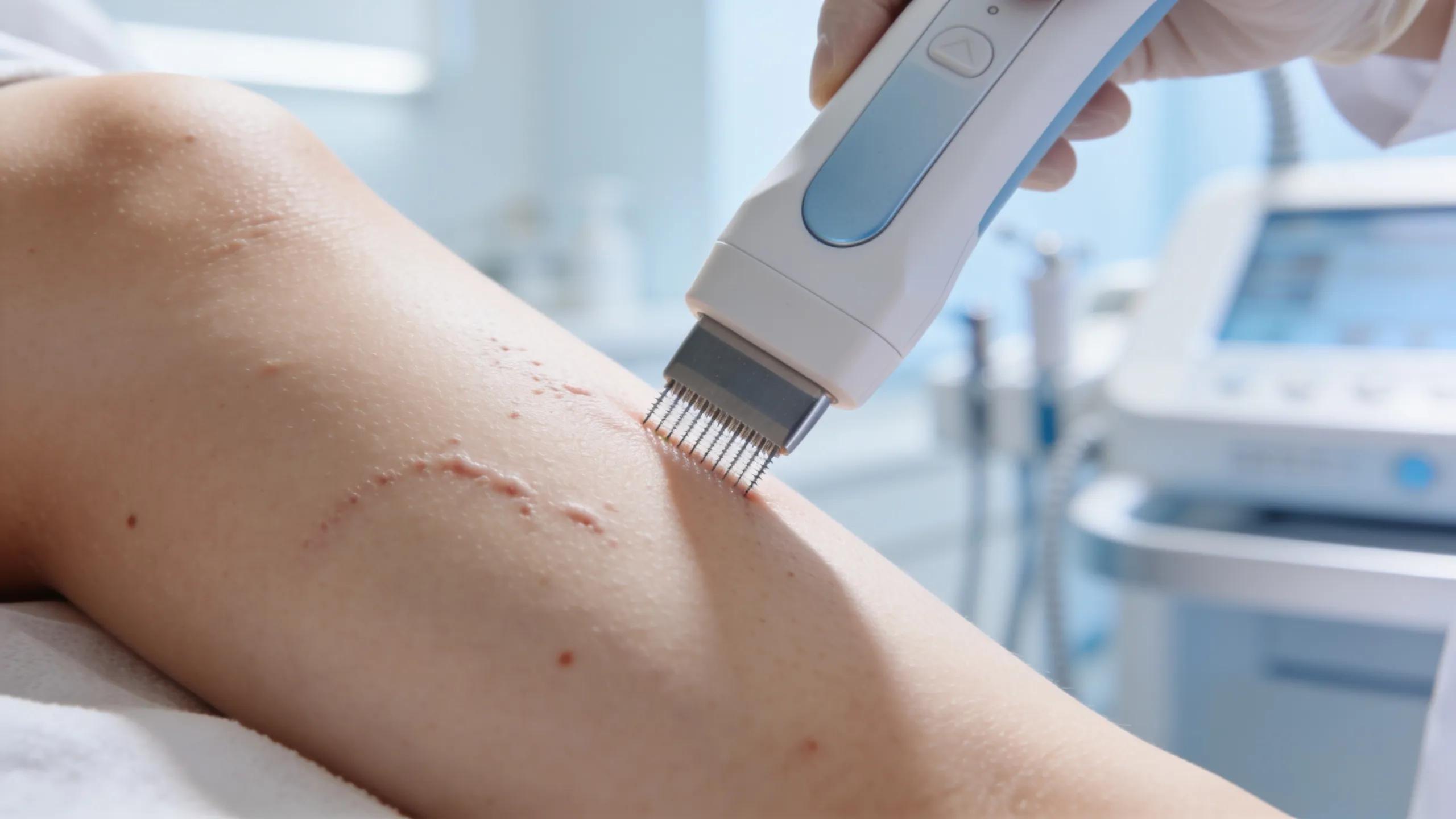 Microneedling device in action on a patient's skin for acne scar treatment
