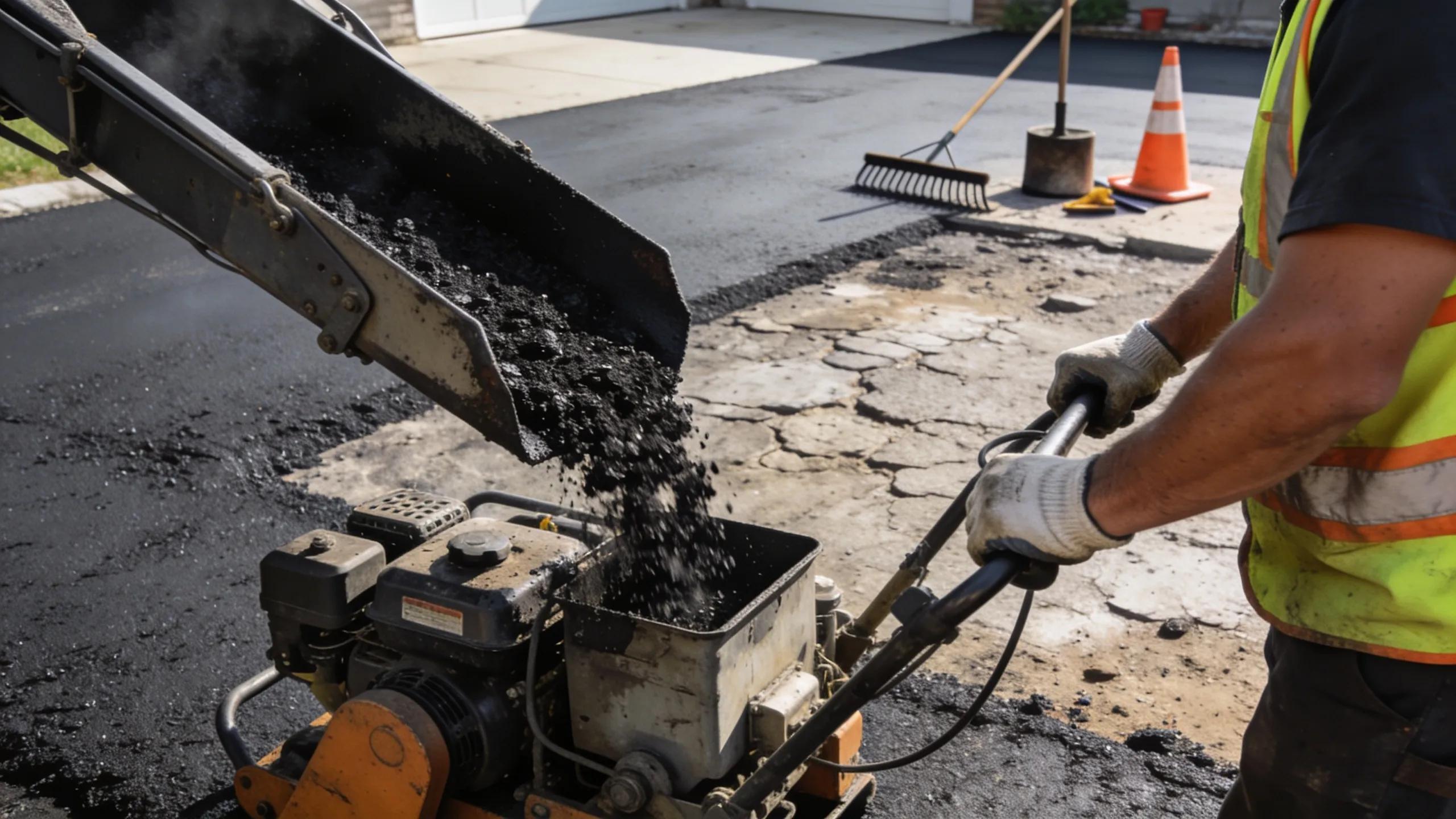 Contractor applying asphalt paving techniques on a driveway.