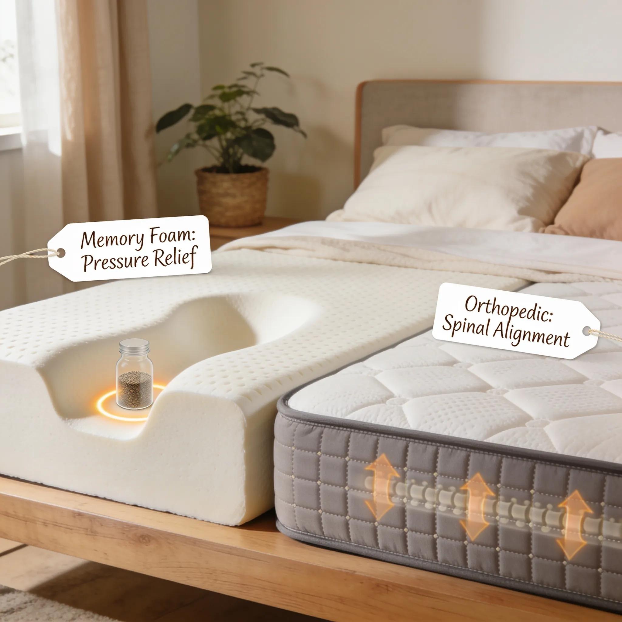 Different mattress types in a bedroom setting illustrating support features for alleviating back pain