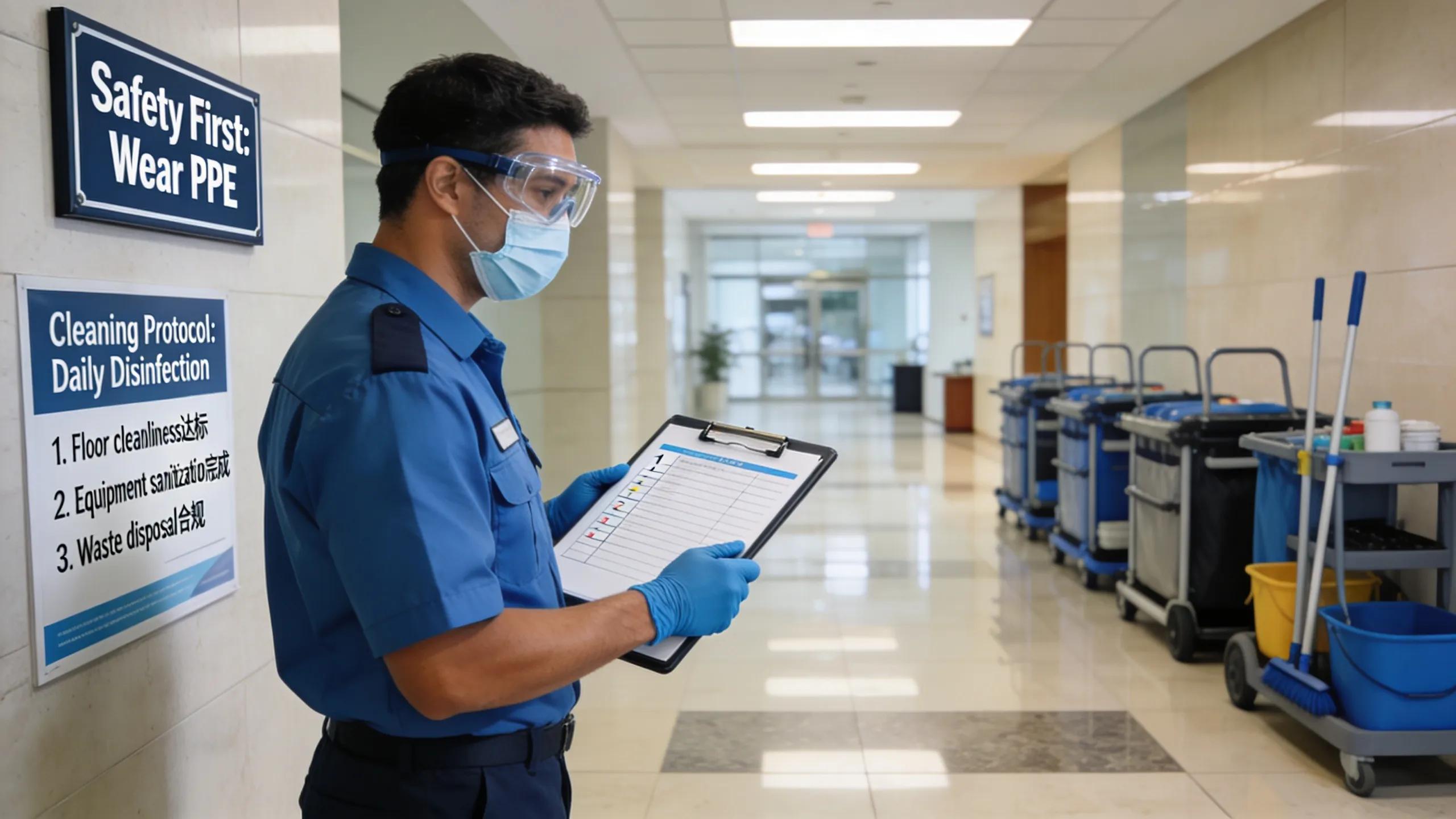 Cleaning supervisor ensuring compliance with health and safety standards in a commercial environment Cleaning supervisor ensuring compliance with health and safety standards in a commercial environment