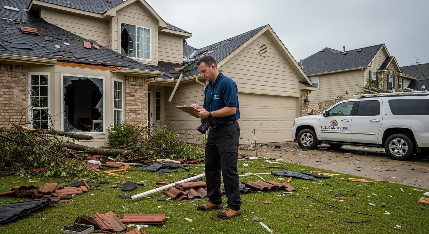 Licensed public adjuster inspecting storm damage on a residential property